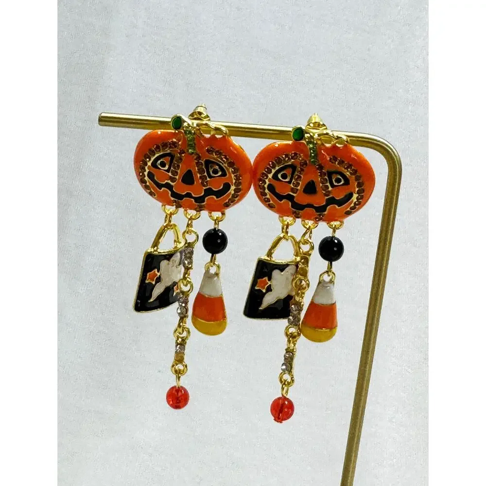 Halloween Jack O' Lantern Pumpkin Candy Corn Dangle Post Earrings 2.5